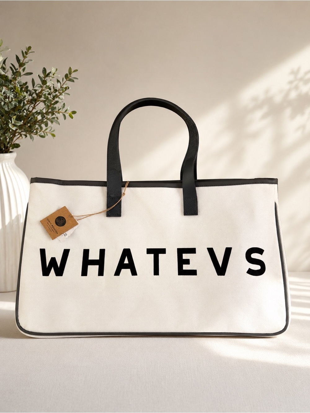 WHATEVS Canvas Tote Bag in White with Black Trim